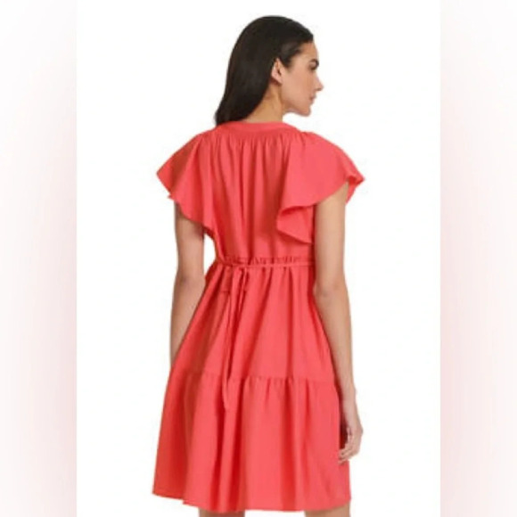 Calvin Klein Women's Flutter Sleeve V-Neck Gauze Dress Size 12 NWT Watermelon - Picture 2 of 16